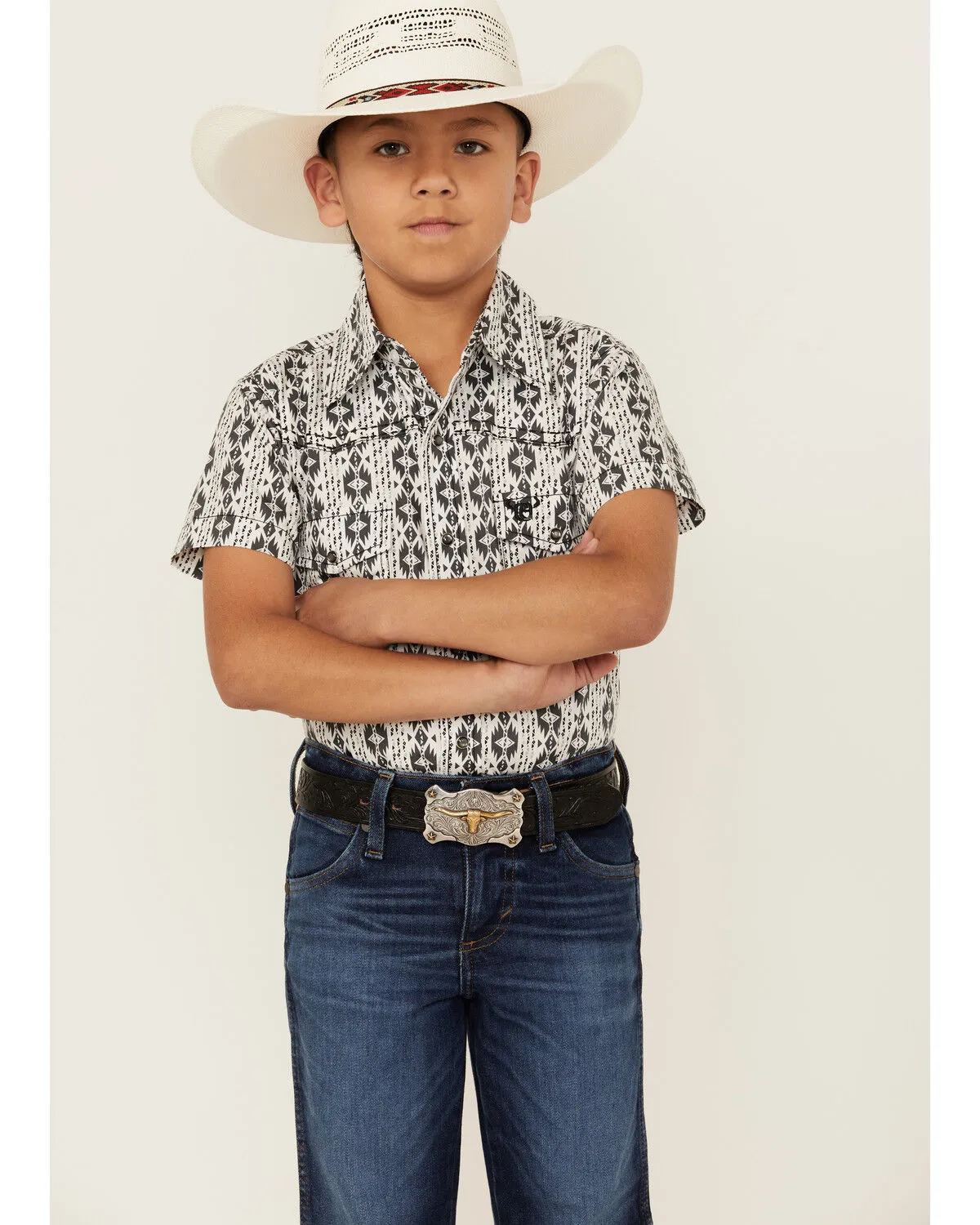 Product Name:  Cowboy Hardware Boys' Southwestern Print Short Sleeve Snap Western Shirt