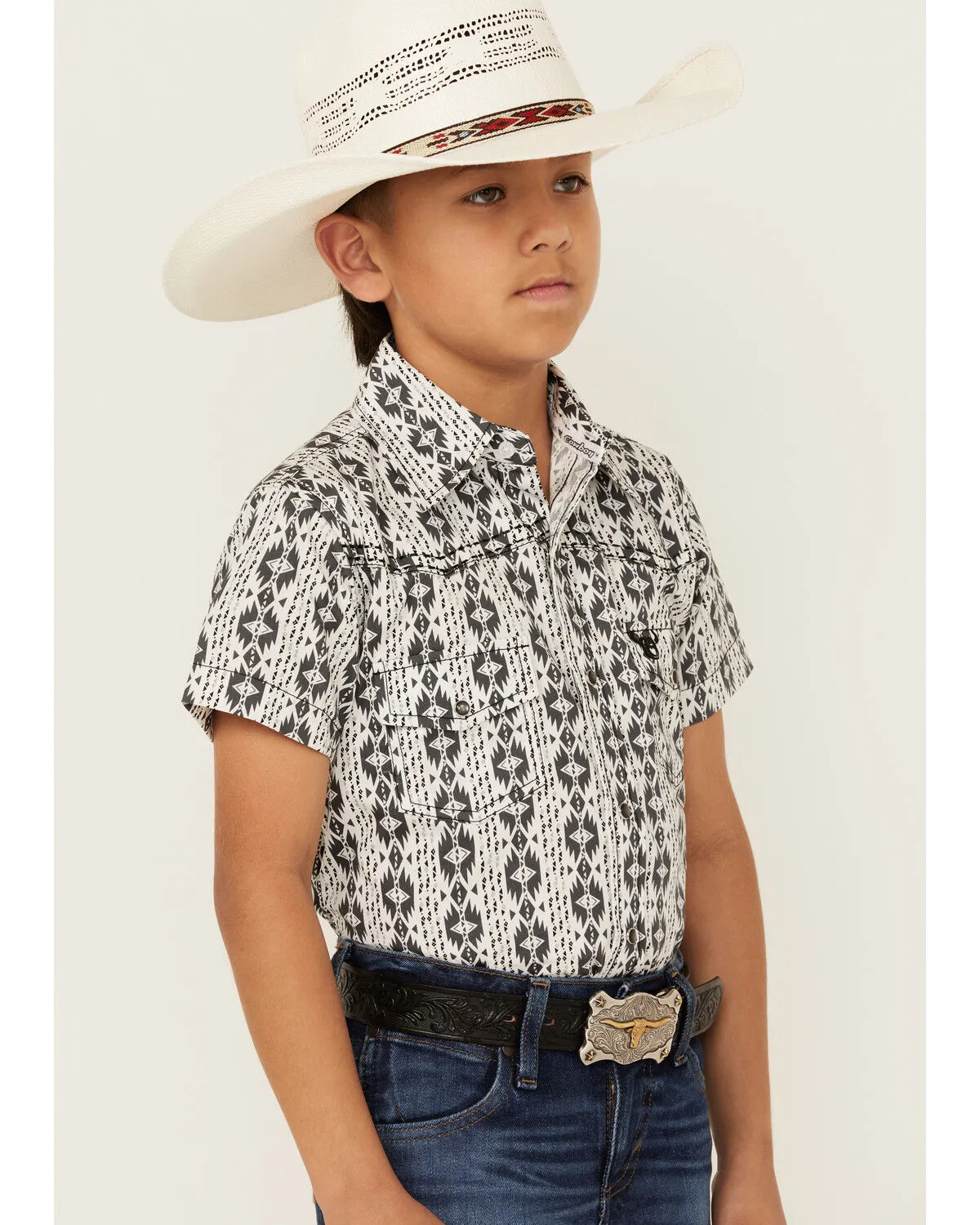 Product Name:  Cowboy Hardware Boys' Southwestern Print Short Sleeve Snap Western Shirt