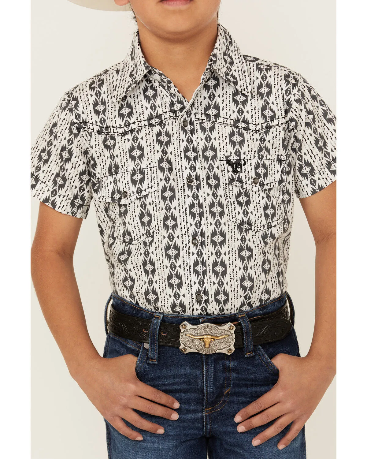 Product Name:  Cowboy Hardware Boys' Southwestern Print Short Sleeve Snap Western Shirt