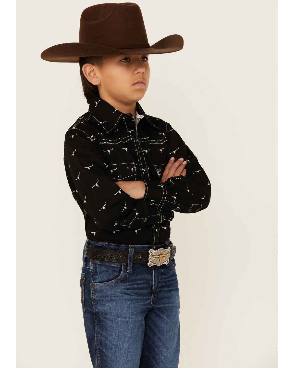 Product Name:  Cowboy Hardware Boys' Steerhead Print Long Sleeve Snap Western Shirt