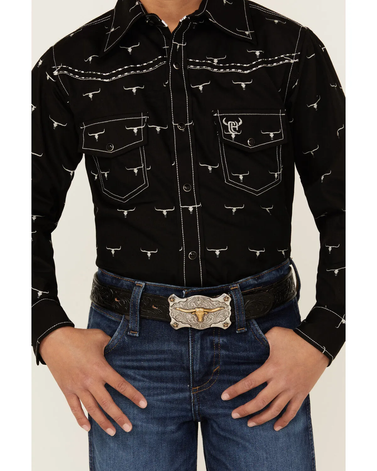 Product Name:  Cowboy Hardware Boys' Steerhead Print Long Sleeve Snap Western Shirt