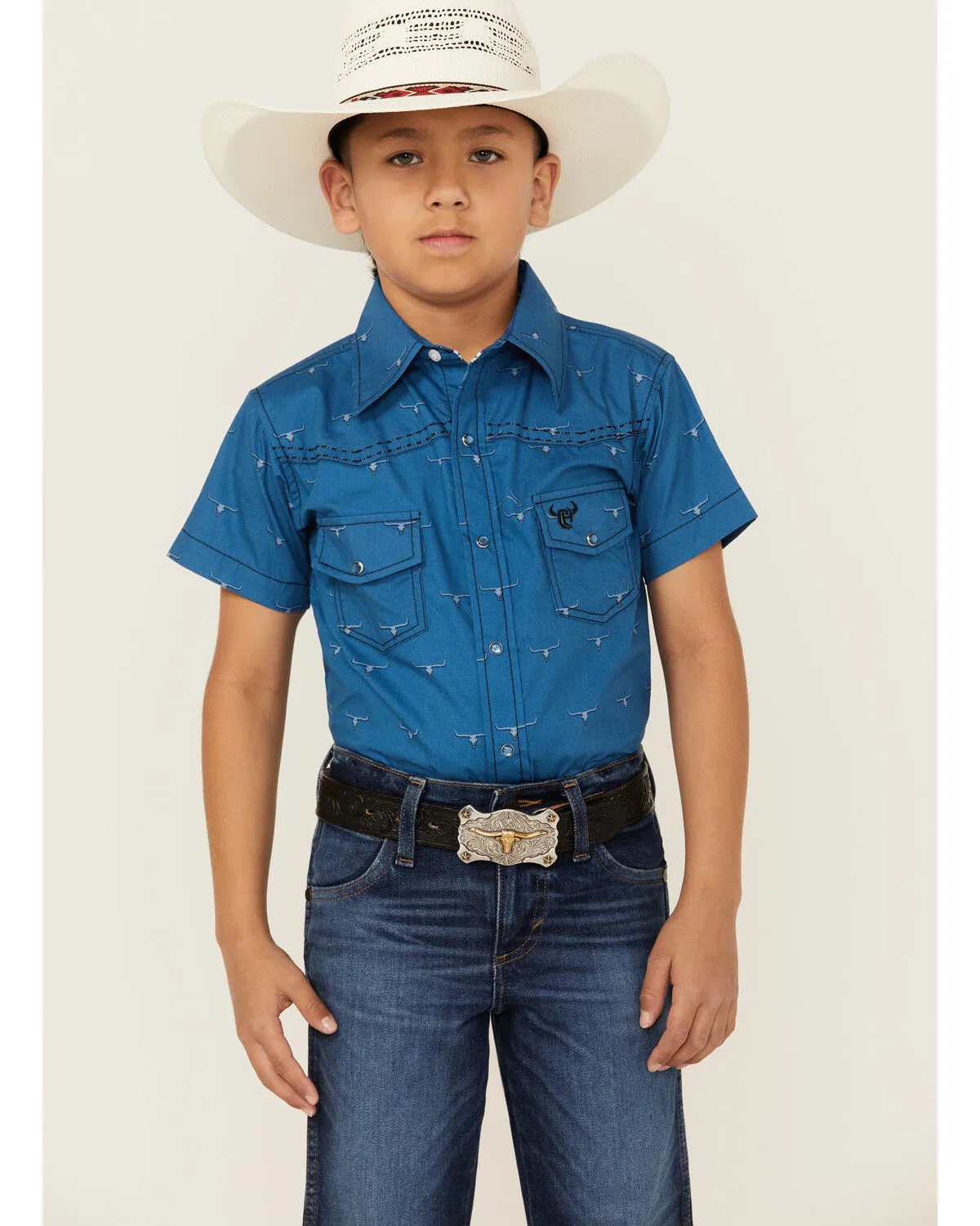 Product Name:  Cowboy Hardware Boys' Steerhead Print Short Sleeve Snap Western Shirt