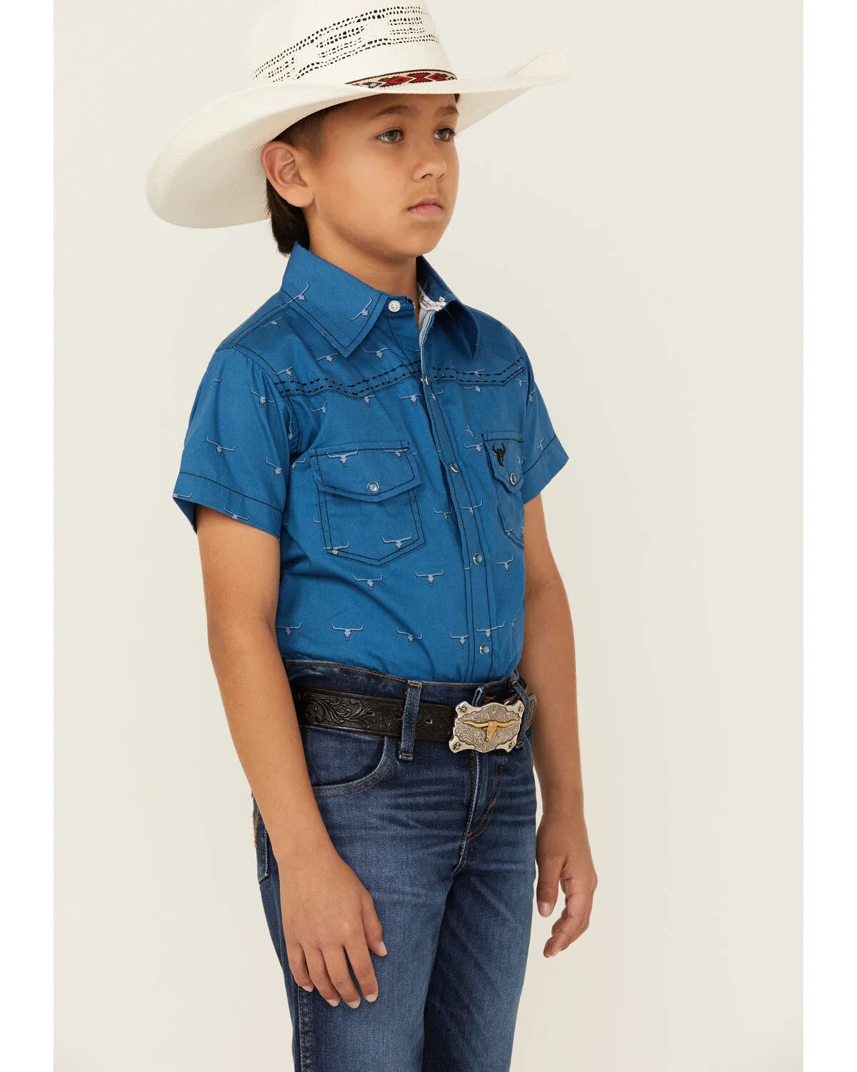 Product Name:  Cowboy Hardware Boys' Steerhead Print Short Sleeve Snap Western Shirt