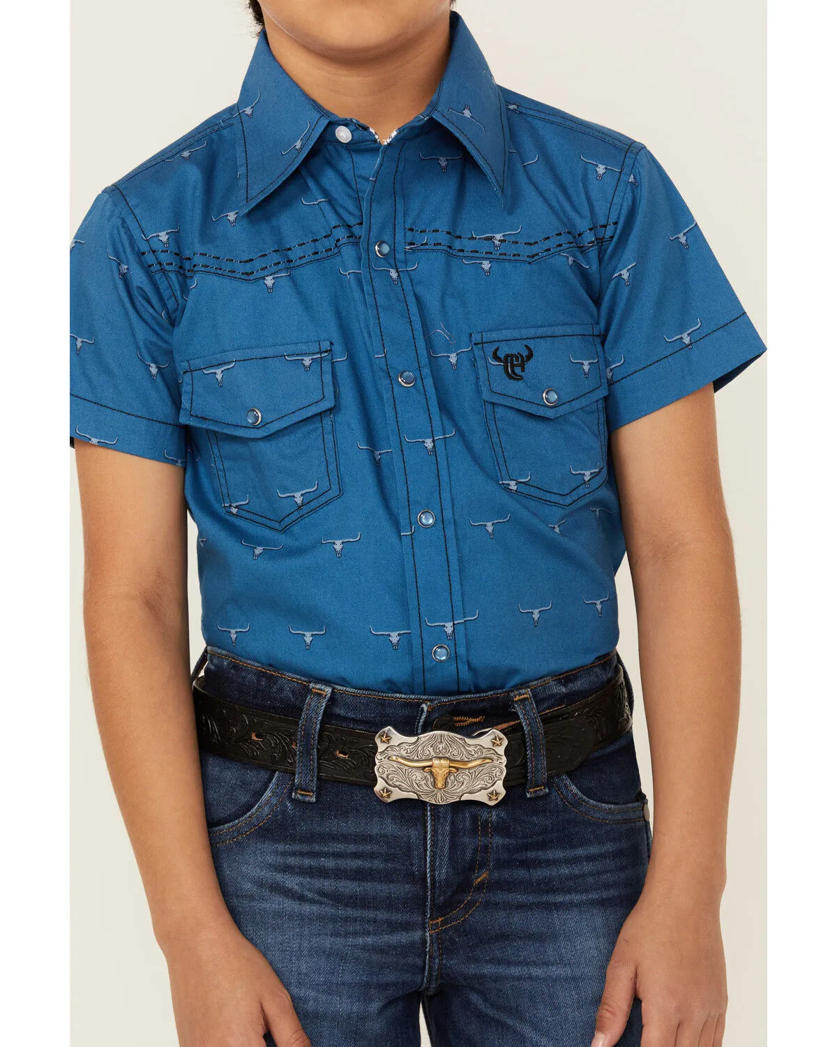 Product Name:  Cowboy Hardware Boys' Steerhead Print Short Sleeve Snap Western Shirt