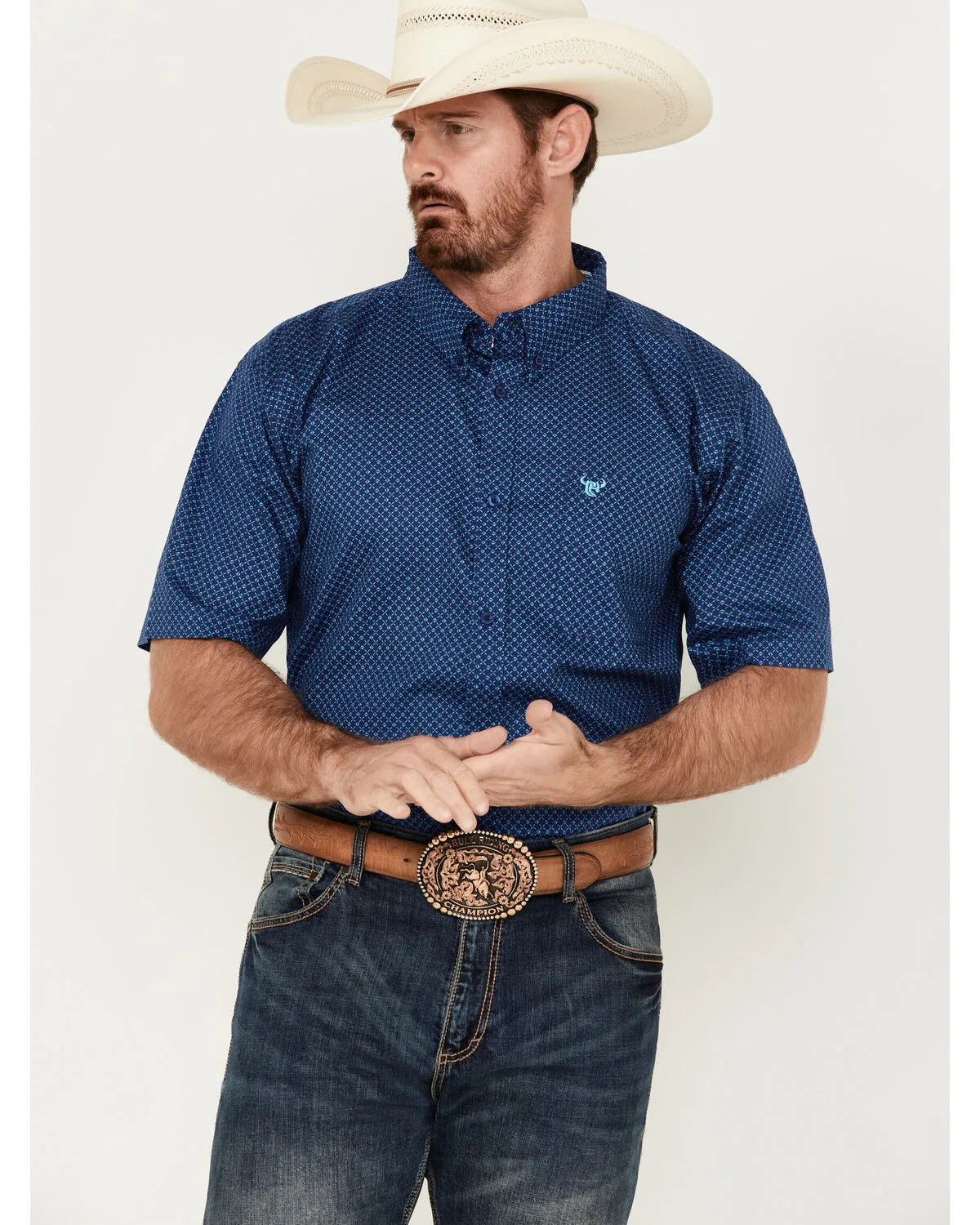 Product Name:  Cowboy Hardware Men's Boot Barn Exclusive Diamond Quilt Geo Print Short Sleeve Button-Down Western Shirt