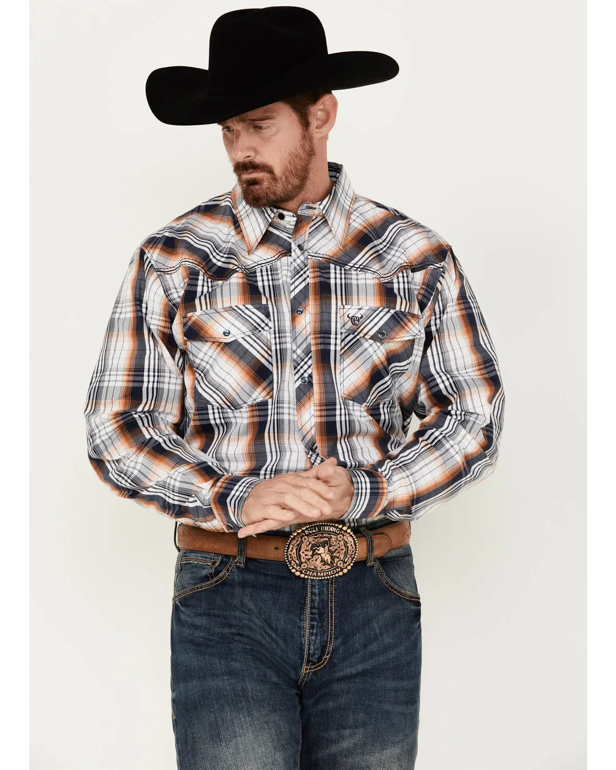 Product Name:  Cowboy Hardware Men's Hermosillo Gradient Plaid Print Long Sleeve Pearl Snap Western Shirt - Tall