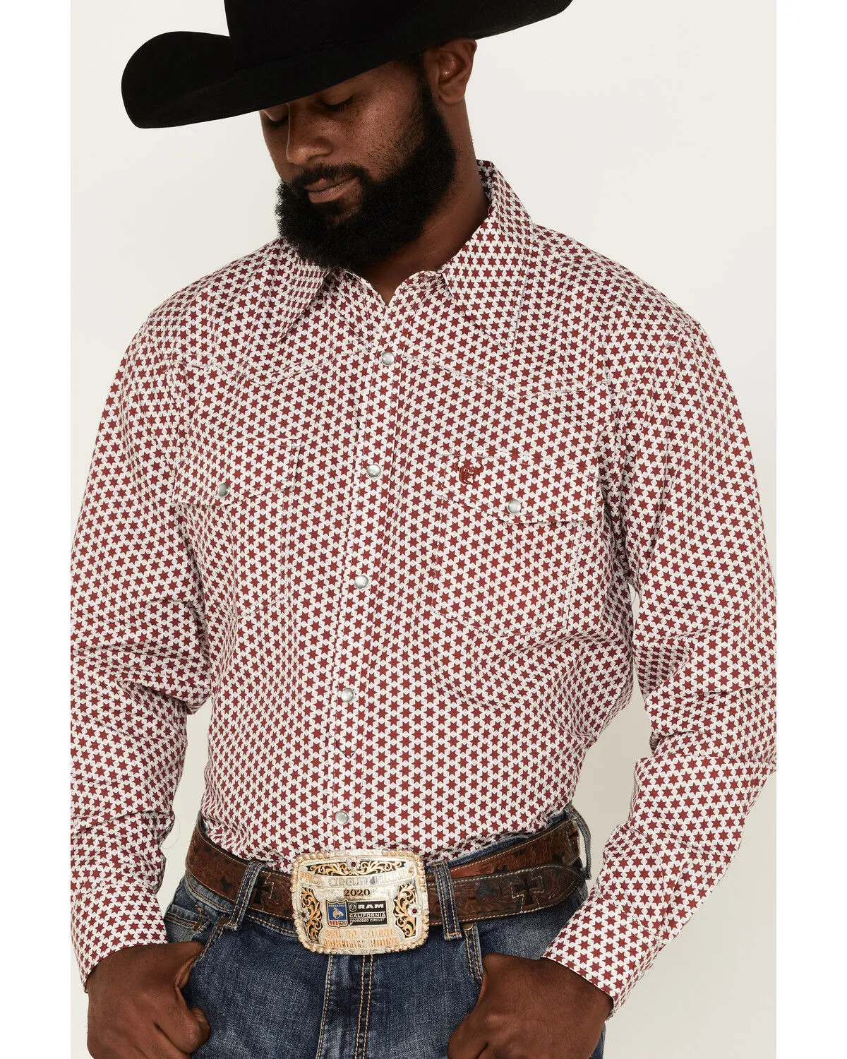 Product Name:  Cowboy Hardware Men's Six Star Print Long Sleeve Pearl Snap Western Shirt