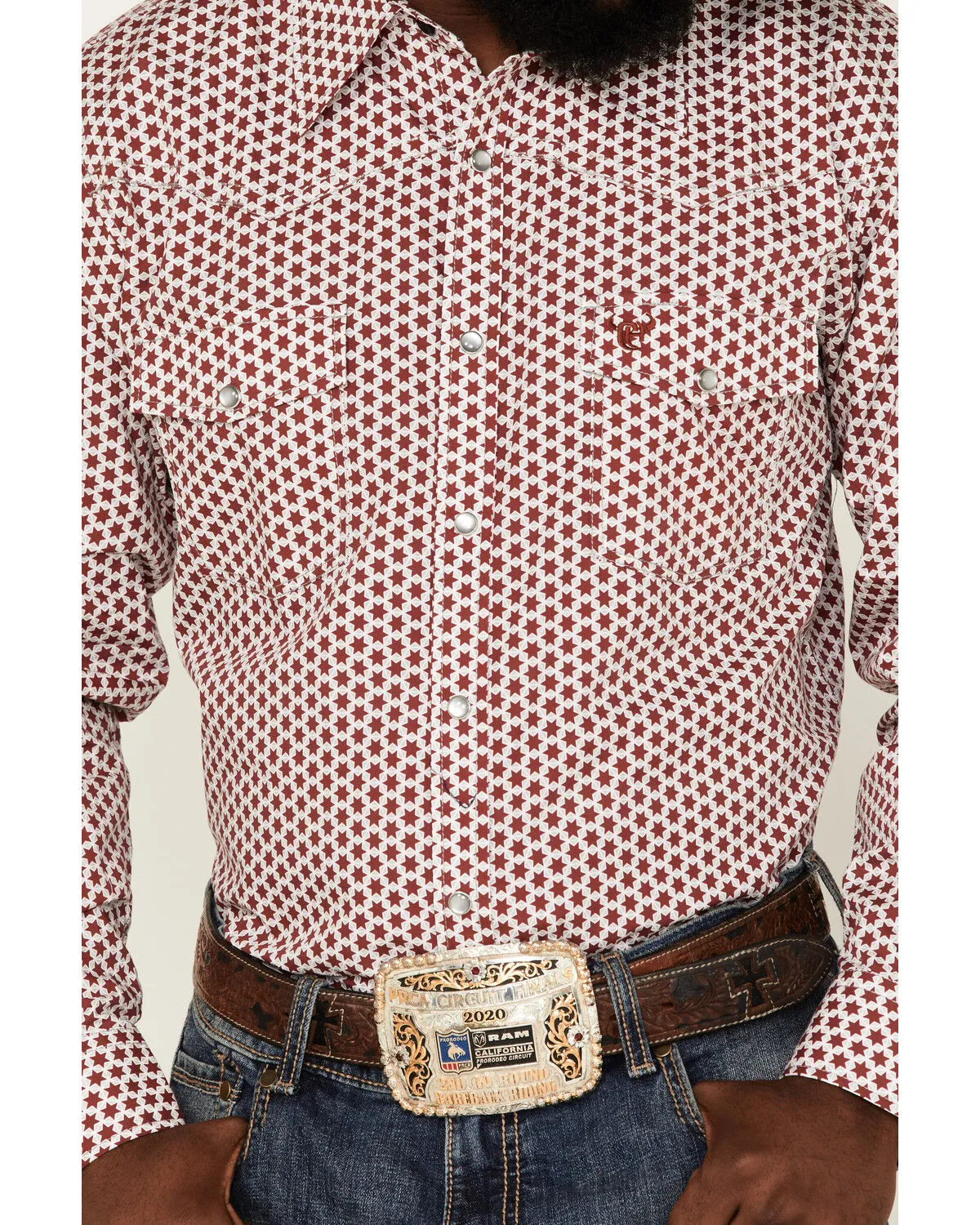 Product Name:  Cowboy Hardware Men's Six Star Print Long Sleeve Pearl Snap Western Shirt