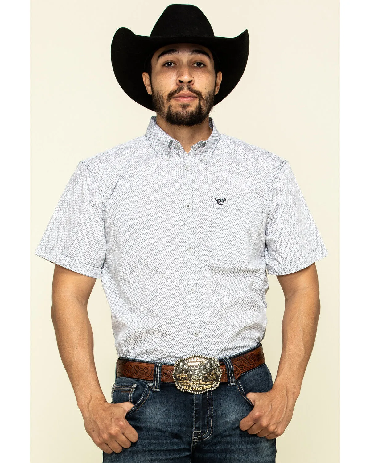 Product Name:  Cowboy Hardware Men's White Little Zig Geo Print Short Sleeve Western Shirt