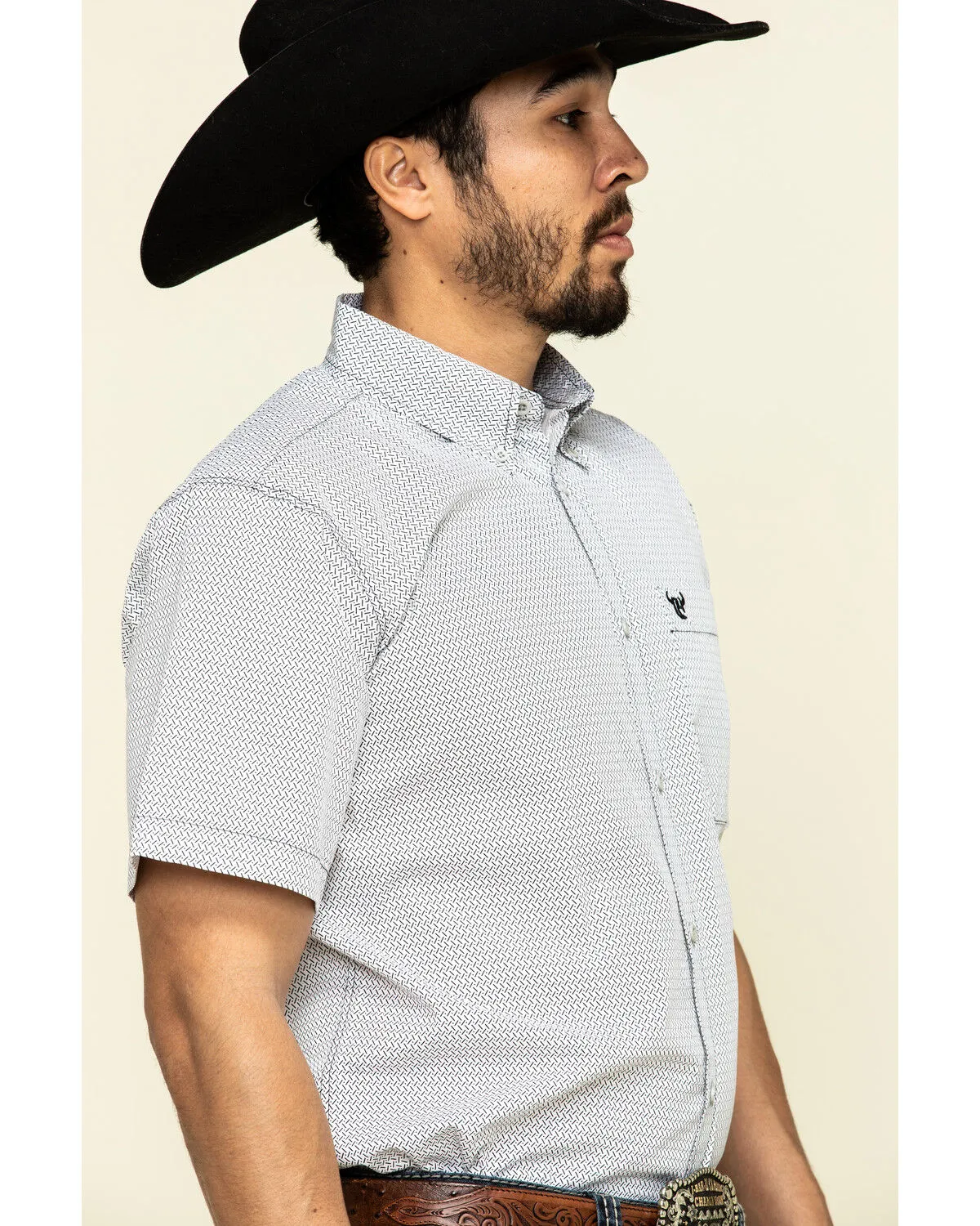 Product Name:  Cowboy Hardware Men's White Little Zig Geo Print Short Sleeve Western Shirt