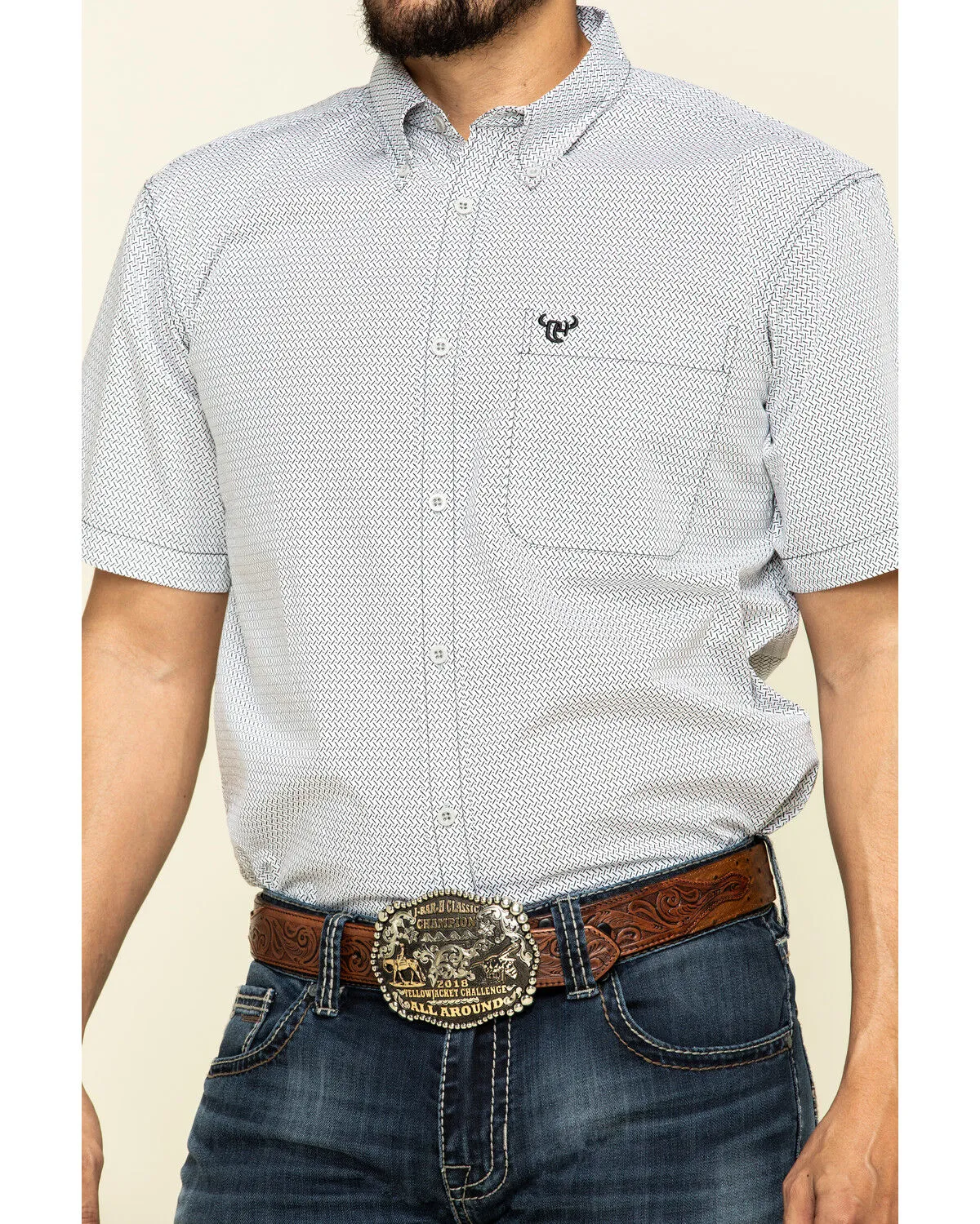 Product Name:  Cowboy Hardware Men's White Little Zig Geo Print Short Sleeve Western Shirt