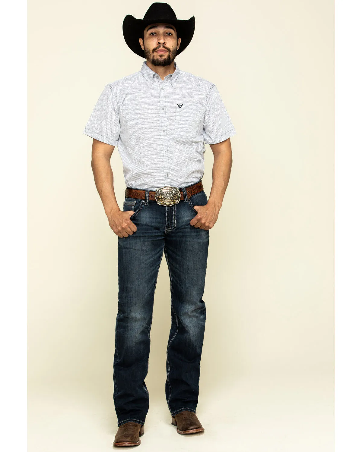 Product Name:  Cowboy Hardware Men's White Little Zig Geo Print Short Sleeve Western Shirt