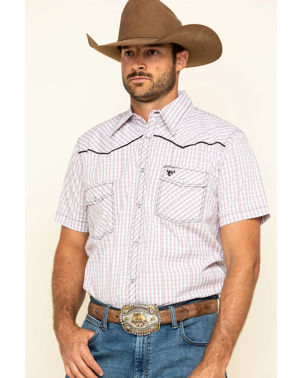 Product Name:  Cowboy Hardware Men's White Rake Plaid Short Sleeve Western Shirt