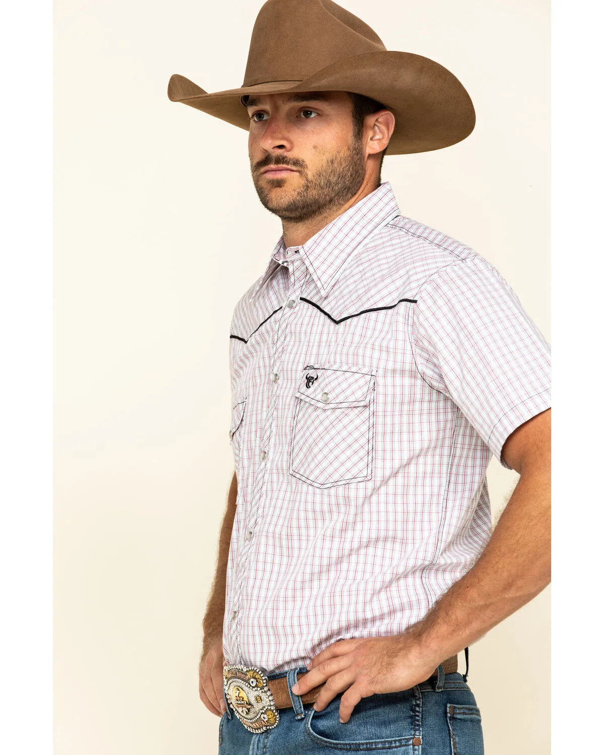 Product Name:  Cowboy Hardware Men's White Rake Plaid Short Sleeve Western Shirt