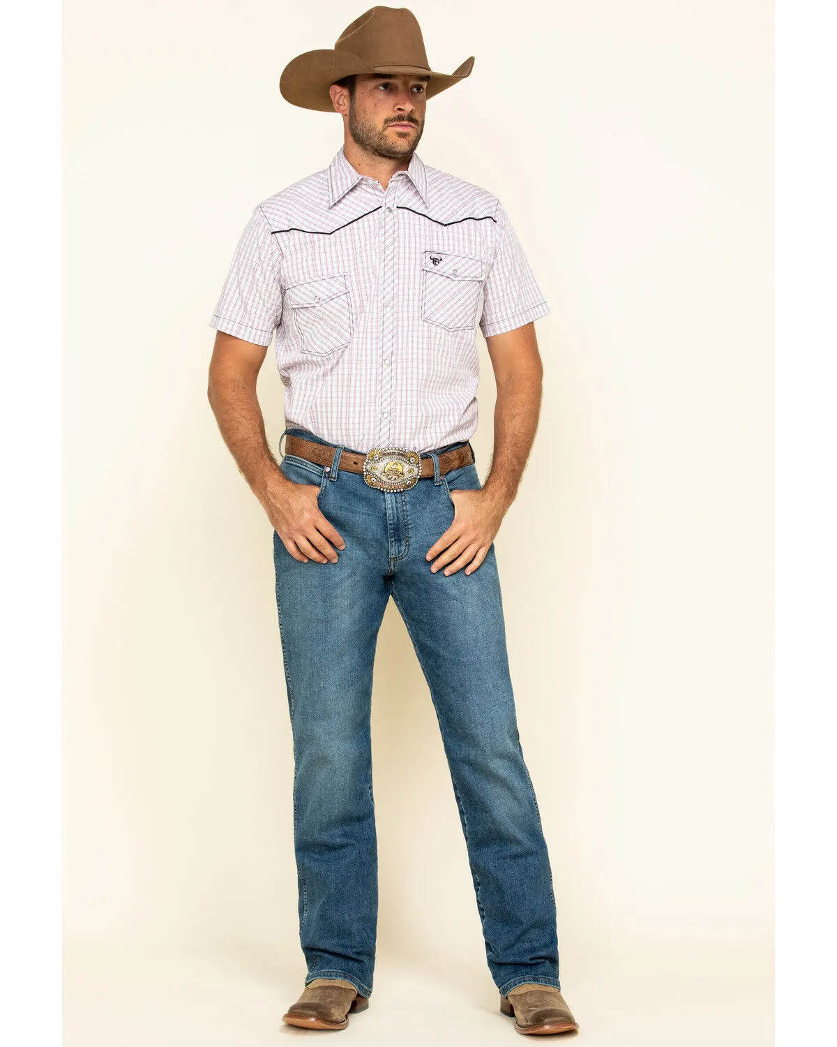 Product Name:  Cowboy Hardware Men's White Rake Plaid Short Sleeve Western Shirt