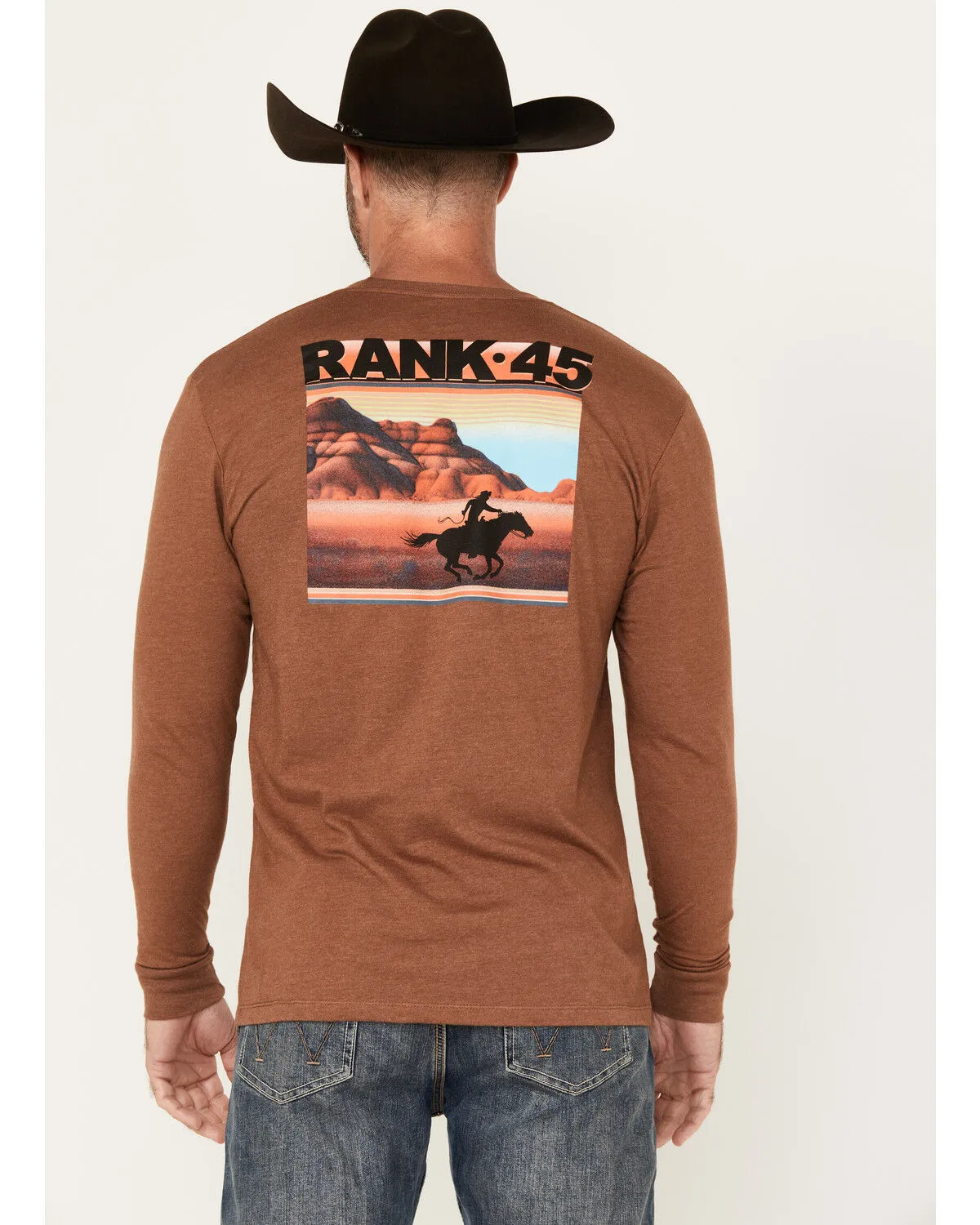 Product Name:  RANK 45® Men's Sunset Scenic Cowboy Long Sleeve Graphic T-Shirt