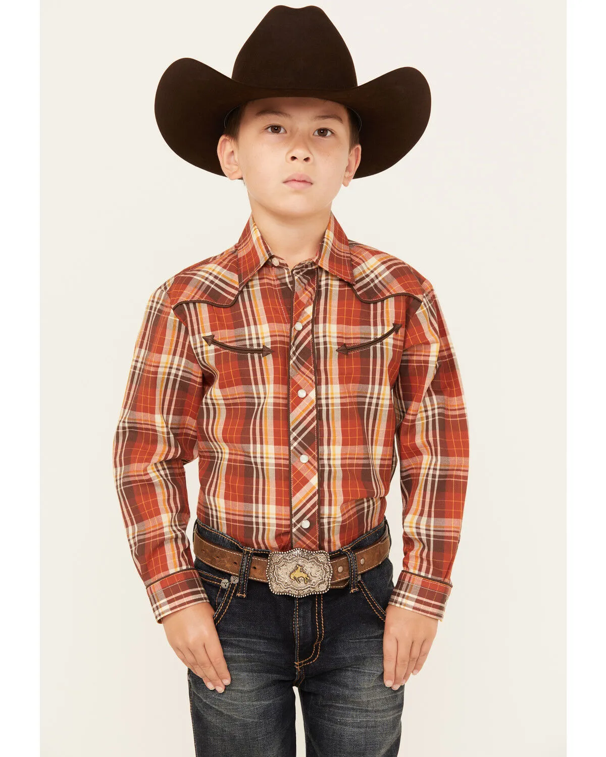 Product Name:  Roper Boys' Plaid Print Cowboy Embroidery Long Sleeve Pearl Snap Western Shirt