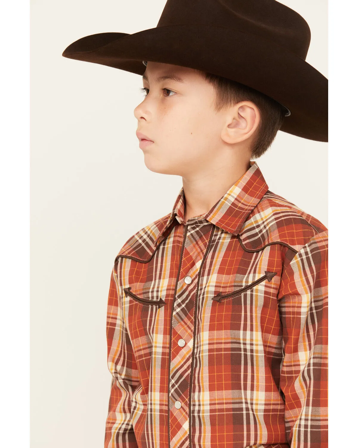 Product Name:  Roper Boys' Plaid Print Cowboy Embroidery Long Sleeve Pearl Snap Western Shirt