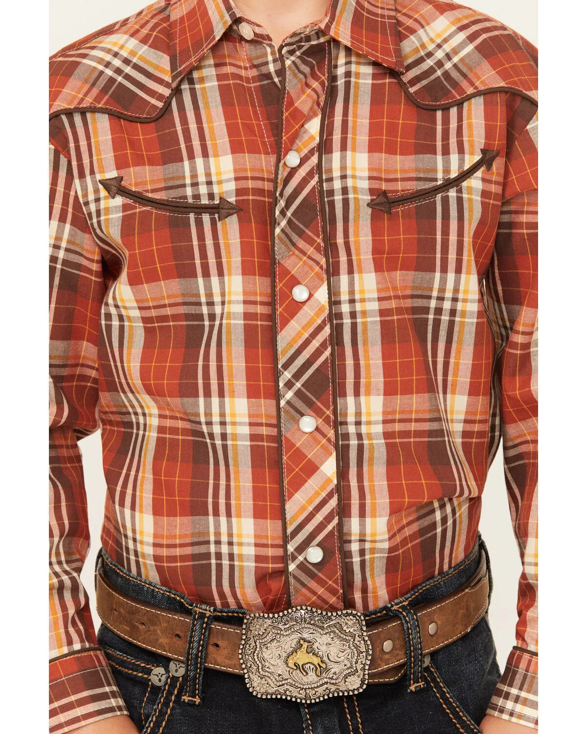 Product Name:  Roper Boys' Plaid Print Cowboy Embroidery Long Sleeve Pearl Snap Western Shirt