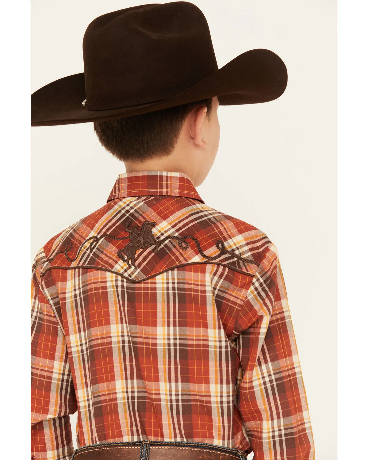 Product Name:  Roper Boys' Plaid Print Cowboy Embroidery Long Sleeve Pearl Snap Western Shirt