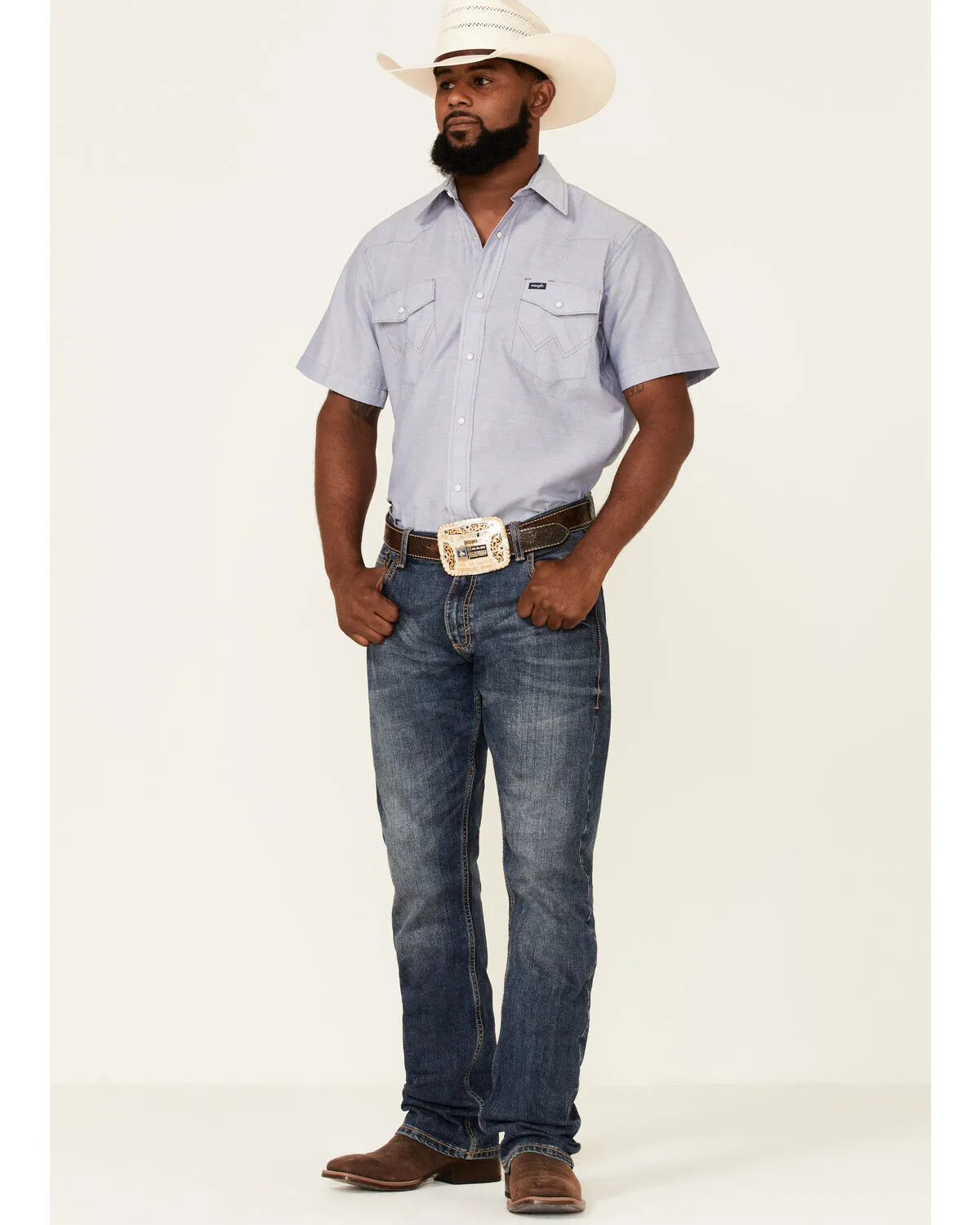 Product Name:  Wrangler Men's Chambray Rigid Cowboy Cut Short Sleeve Pearl Snap Work Shirt