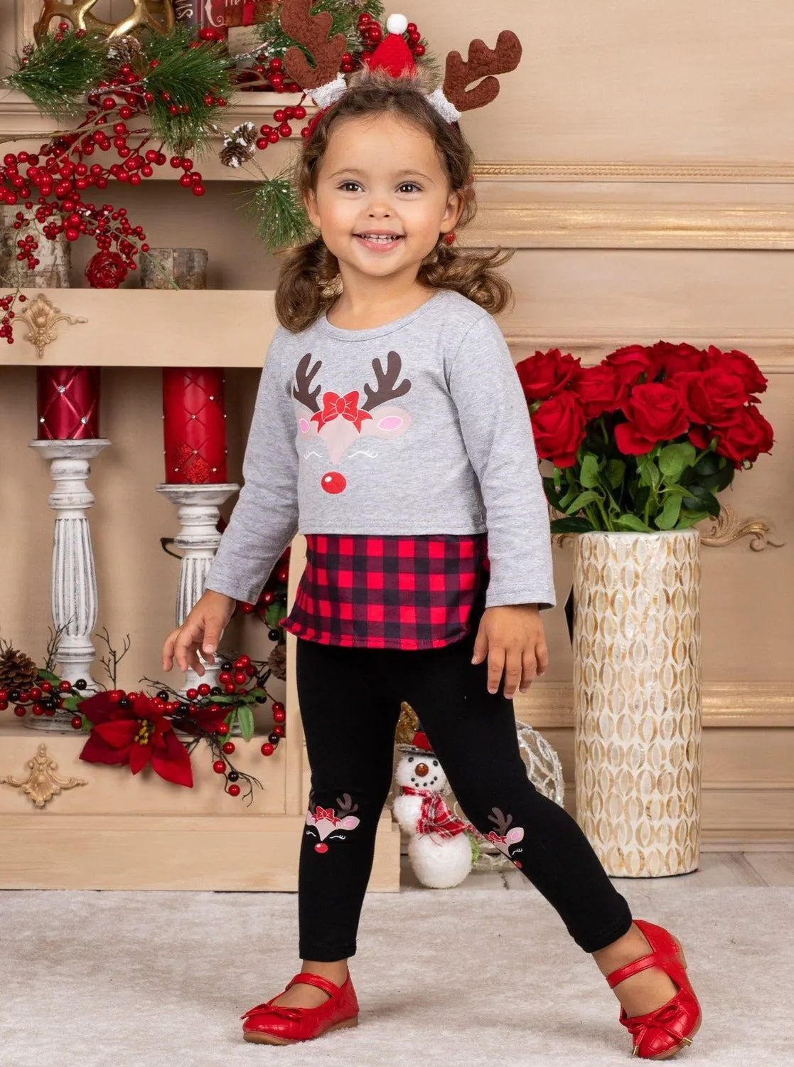 Reindeer Slay Plaid Patched Legging Set