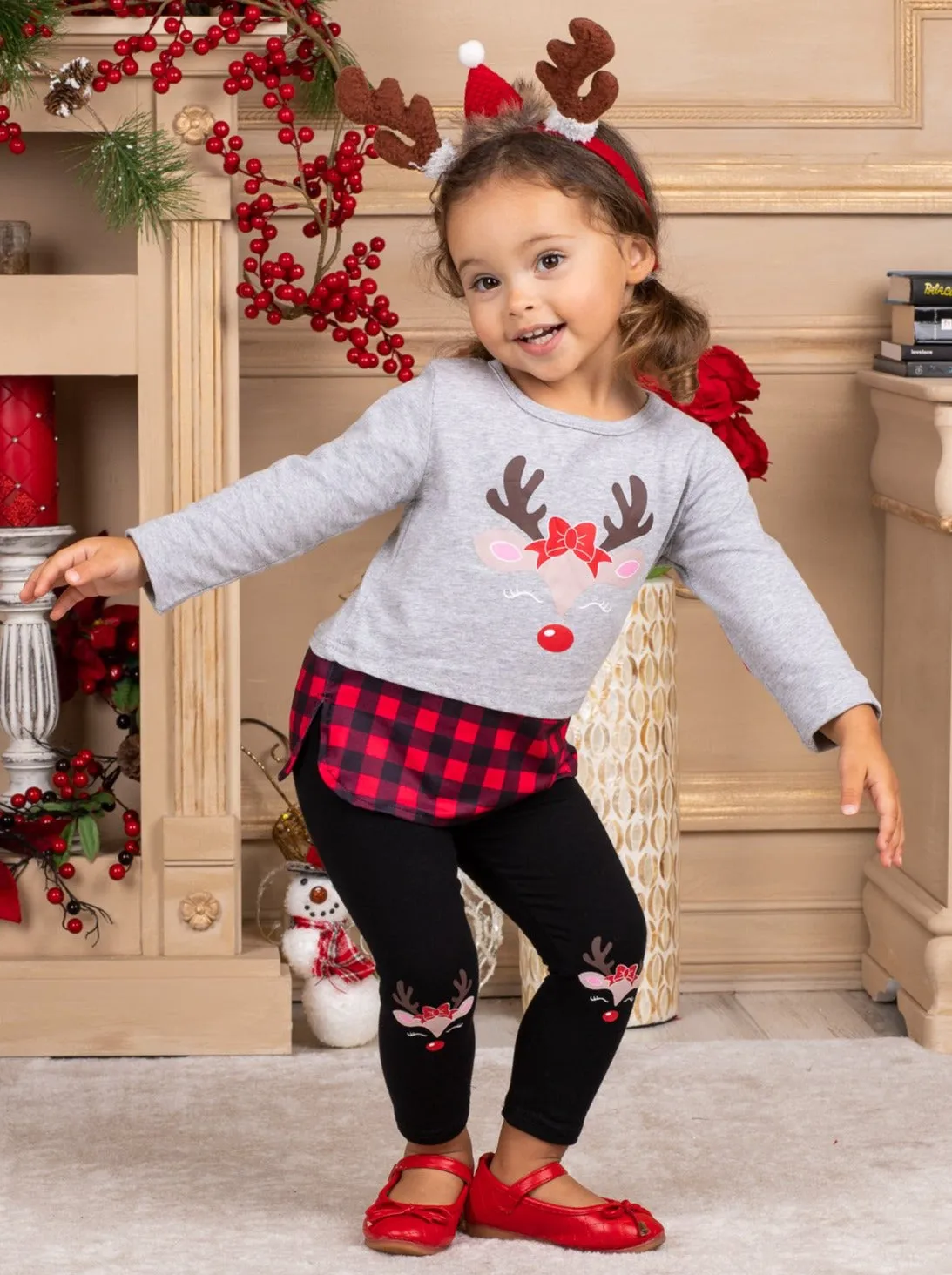 Reindeer Slay Plaid Patched Legging Set