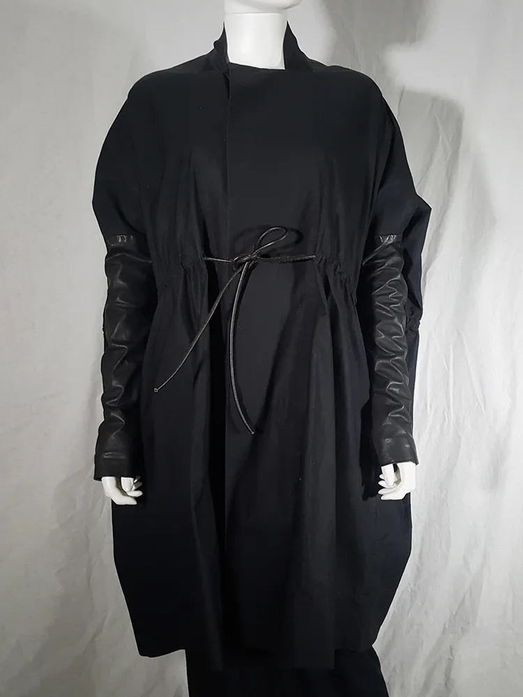 Rick Owens NASKA black gathered coat with leather sleeves — spring 2012