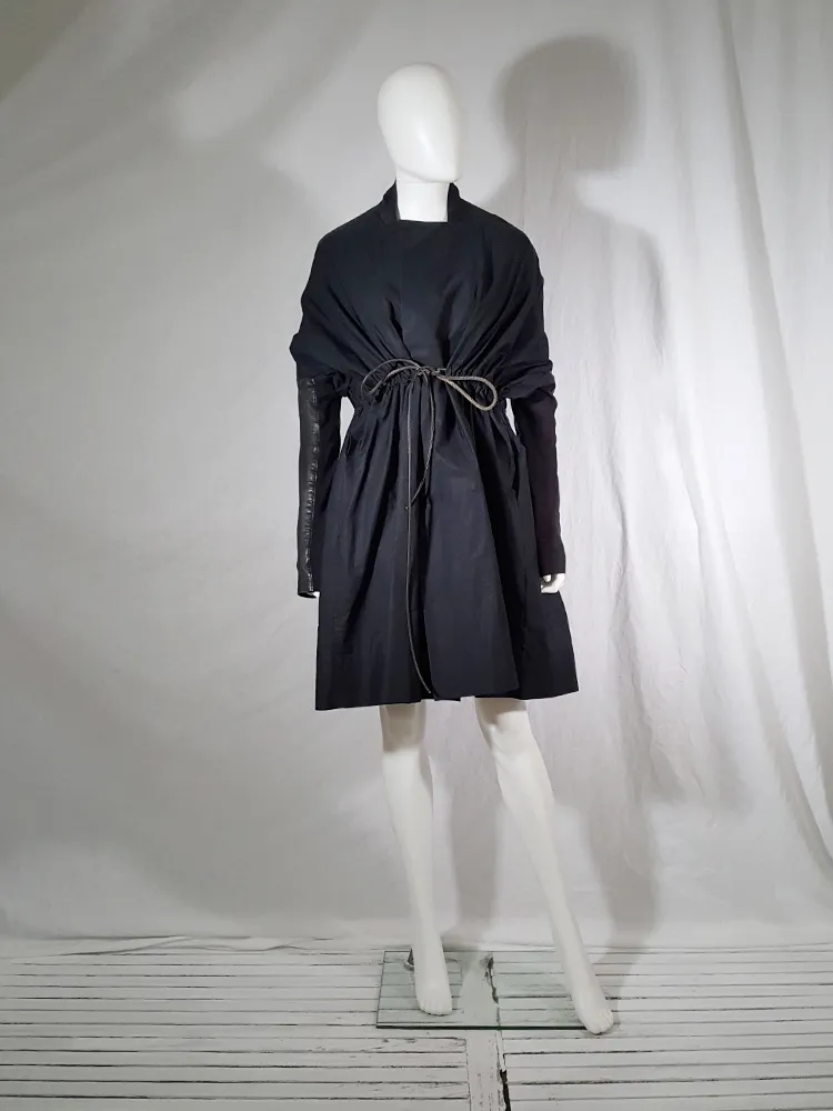 Rick Owens NASKA black gathered coat with leather sleeves — spring 2012