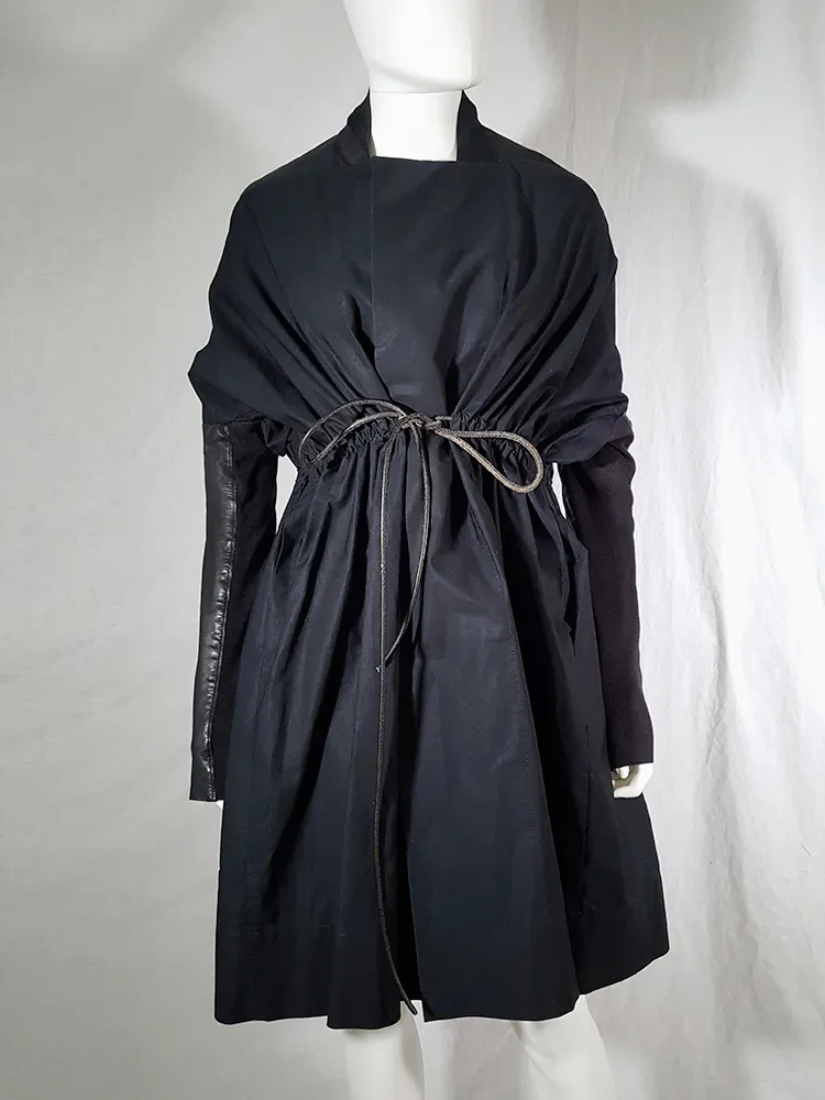 Rick Owens NASKA black gathered coat with leather sleeves — spring 2012