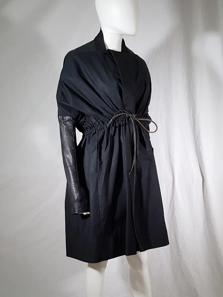 Rick Owens NASKA black gathered coat with leather sleeves — spring 2012