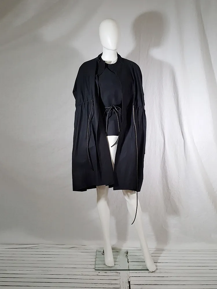 Rick Owens NASKA black gathered coat with leather sleeves — spring 2012