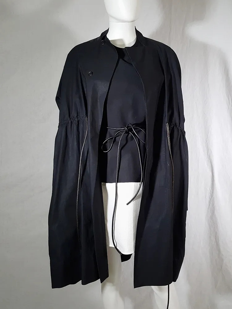 Rick Owens NASKA black gathered coat with leather sleeves — spring 2012