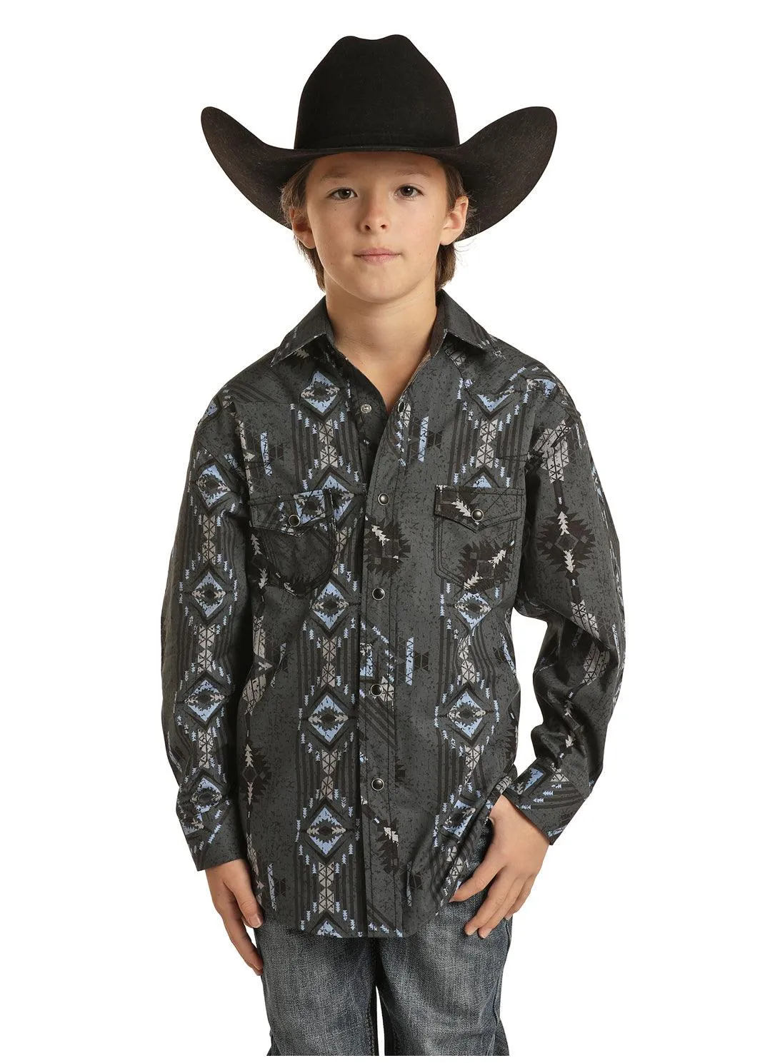 Rock & Roll Cowboy Boy's Aztec Grey/Black/Blue Snap Up Western Shirt B8S1307