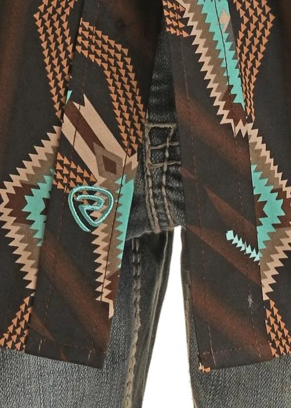 Rock & Roll Cowboy Boys Black & Turquoise Aztec Woven Snap Up Long Sleeve Western Shirt BBN2S03938