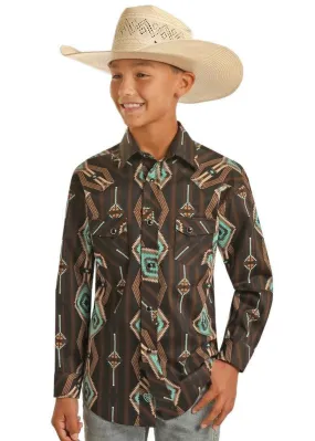 Rock & Roll Cowboy Boys Black & Turquoise Aztec Woven Snap Up Long Sleeve Western Shirt BBN2S03938