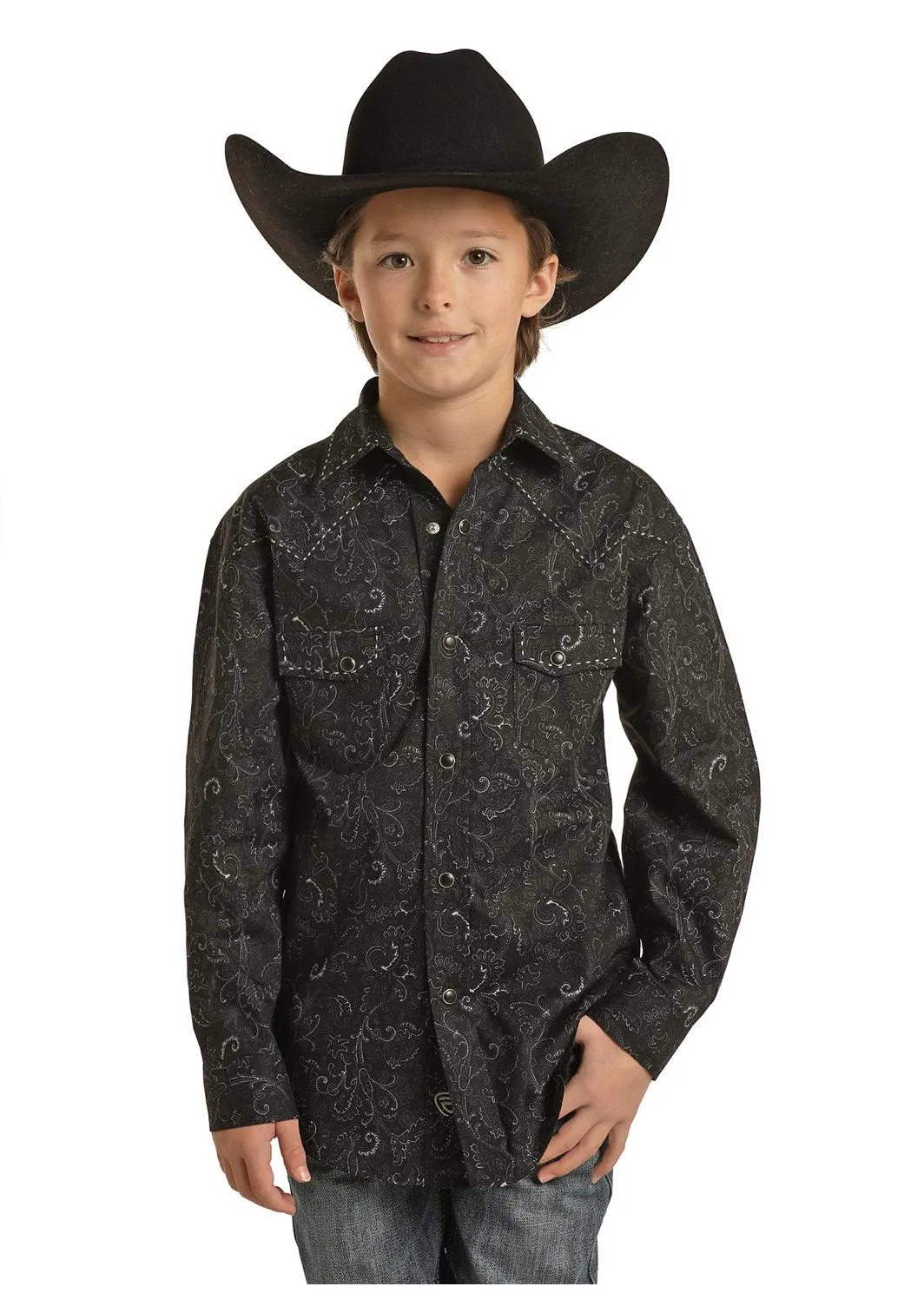 Rock & Roll Cowboy Boy's Black Paisley Print Western Snap Up Shirt B8S-1294