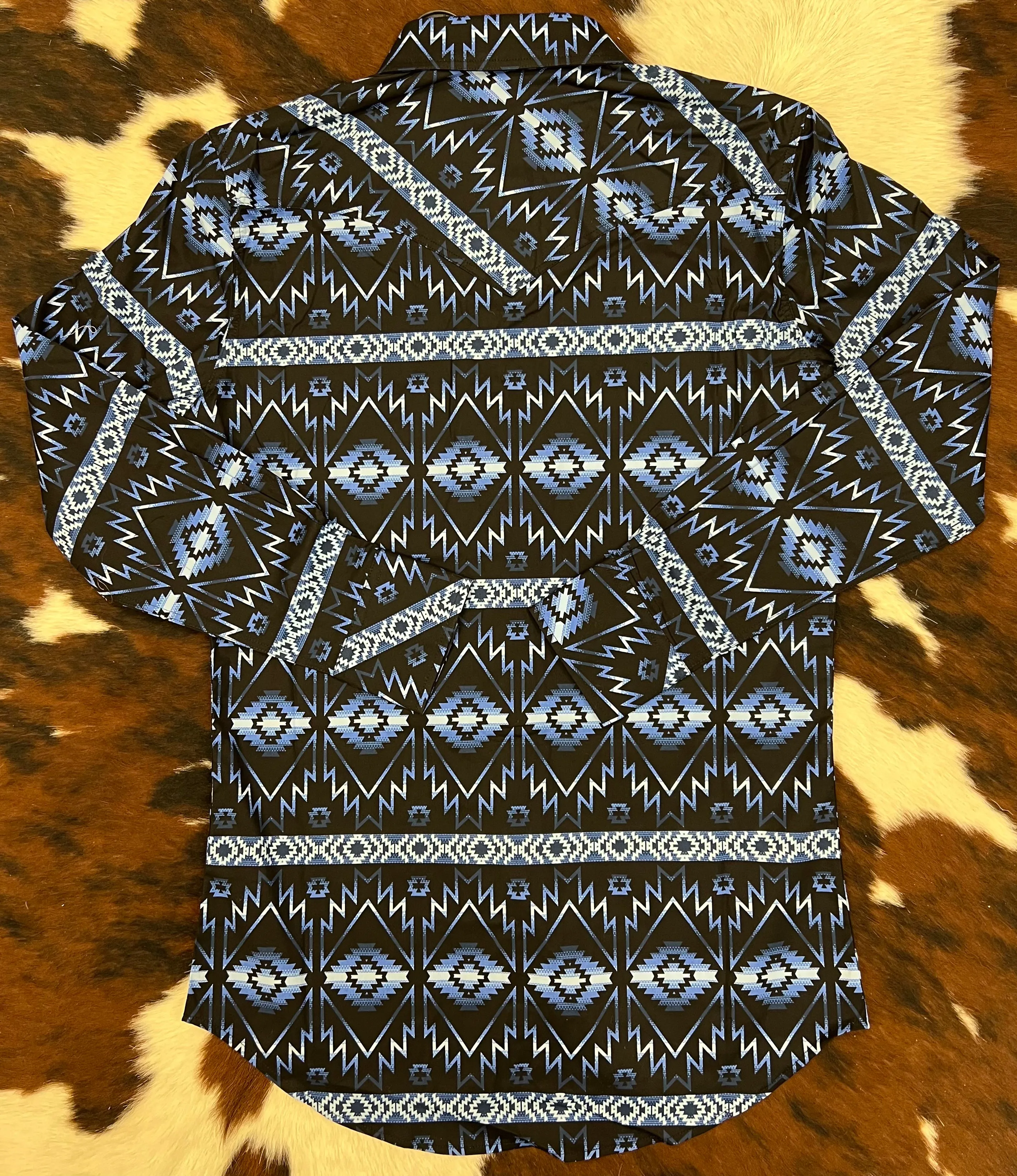 Rock & Roll Cowboy Boy's Blue & Black Aztec Snap Up Long Sleeve Western Shirt RRBSOSR0PU