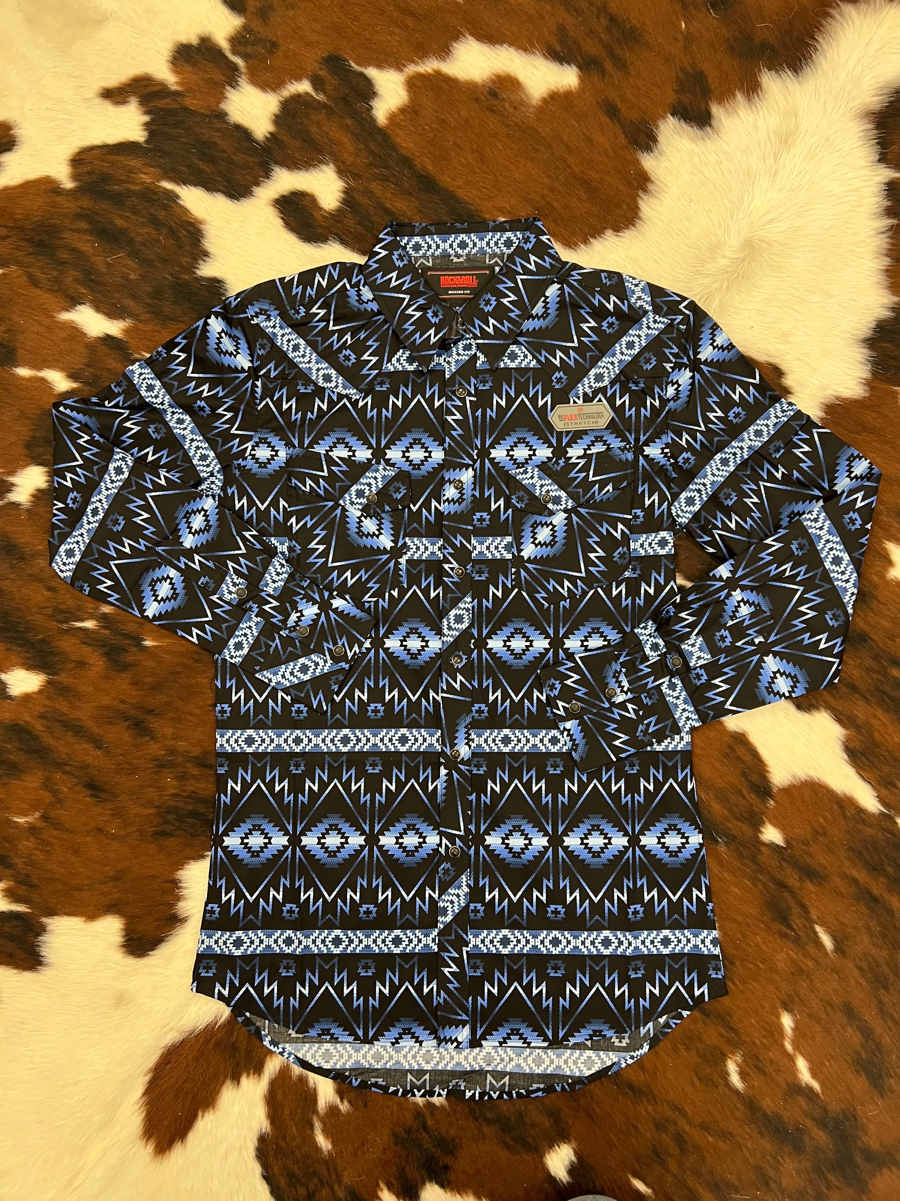 Rock & Roll Cowboy Boy's Blue & Black Aztec Snap Up Long Sleeve Western Shirt RRBSOSR0PU