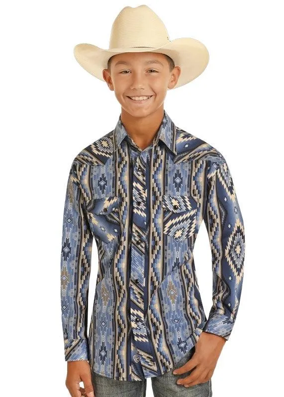 Rock & Roll Cowboy Boy's Blue & Grey Aztec Woven Snap Up Long Sleeve Western Shirt BBN2S03932