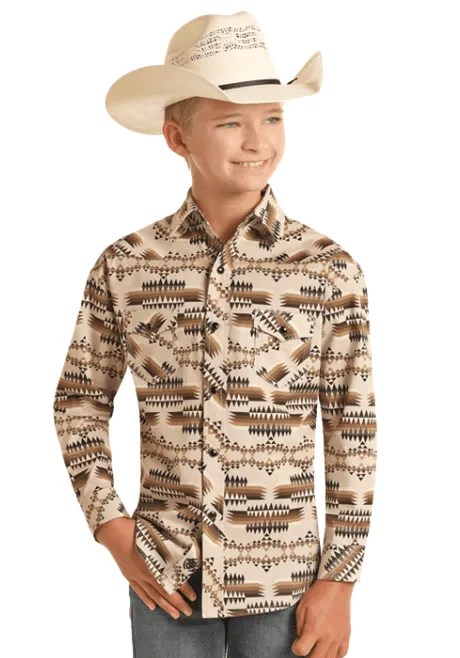 Rock & Roll Cowboy Boys Brown Multi Aztec Print Woven Snap Up Long Sleeve Western Shirt RRBS0SR0RG