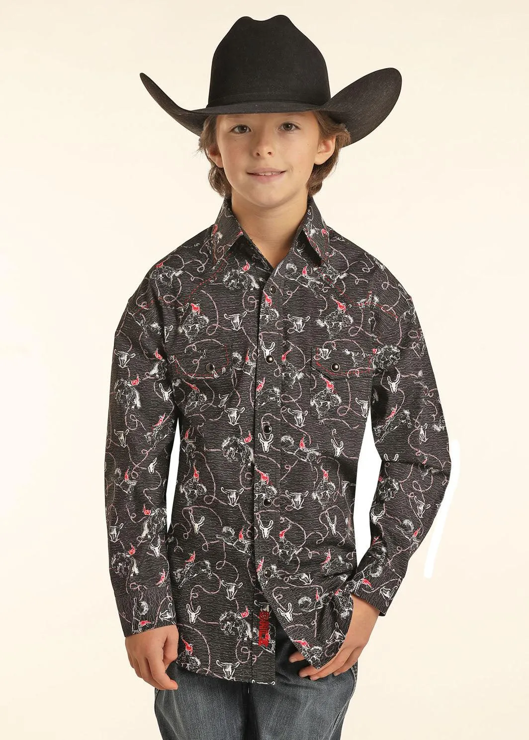 Rock & Roll Cowboy Boy's Dale Brisby Saddle Bronc Print Snap Up Western Shirt B8S1318