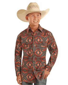 Rock & Roll Cowboy Boys Orange Aztec Snap Up Long Sleeve Western Shirt BBN203362