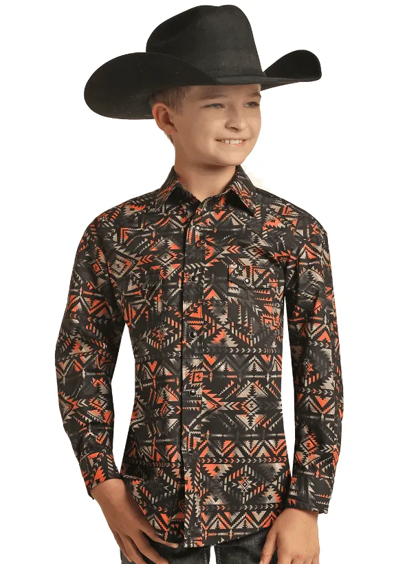 Rock & Roll Cowboy Boy's Peach Aztec Long Sleeve Snap Up Western Shirt RRBSOSR08S