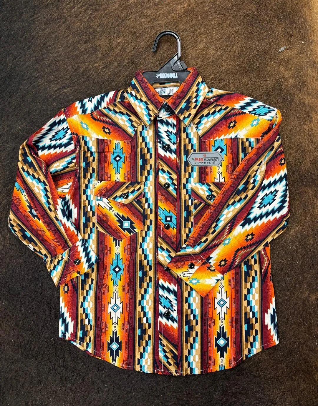 Rock & Roll Cowboy Boys Tangerine & Coffee Aztec Woven Snap Up Long Sleeve Western Shirt BBN2S03953