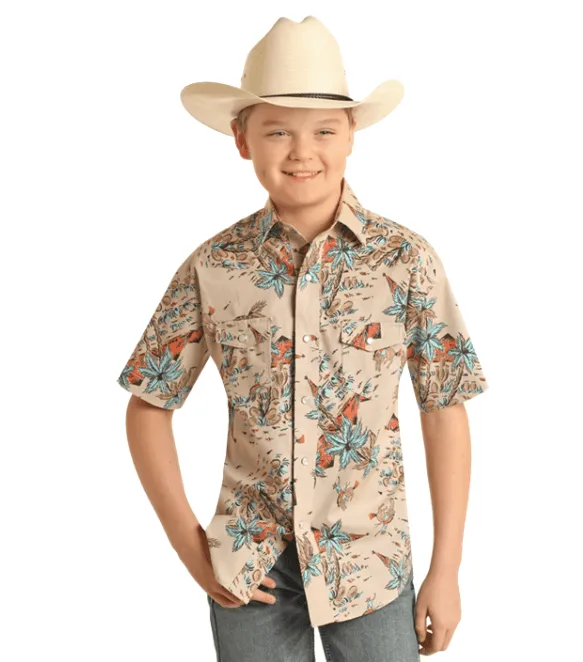 Rock & Roll Cowboy Boys Teal Tropical Print Woven Snap Up Short Sleeve Western Shirt RRBS1SR14B