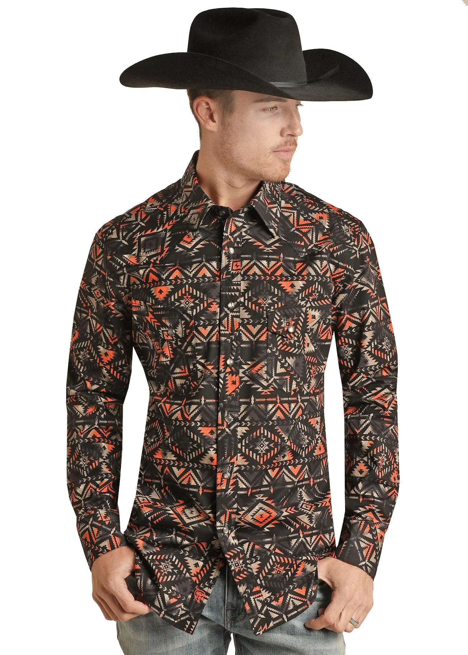 Rock & Roll Cowboy Men's Black & Peach Aztec Print Snap Up Western Shirt RRMSOSR08S