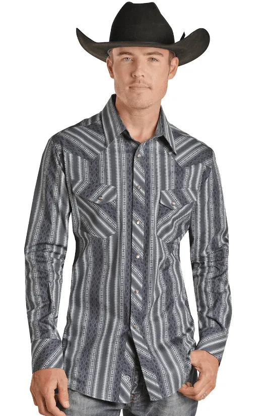 Rock & Roll Cowboy Men's Blue Aztec Stripe Print Snap Up Long Sleeve Western Shirt RRMSOSR08V