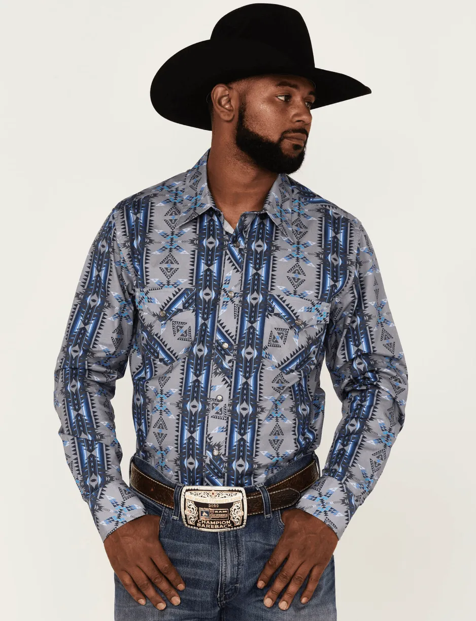 Rock & Roll Cowboy Men's Grey Aztec Snap Up Long Sleeve Western Shirt RRMSOSRZ7Y