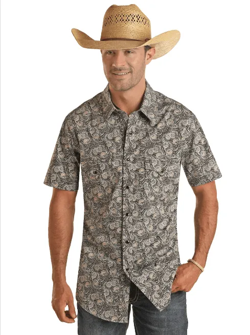 Rock & Roll Cowboy Men's Modern Fit Black Paisley Short Sleeve Snap Western Shirt BMN3S03348